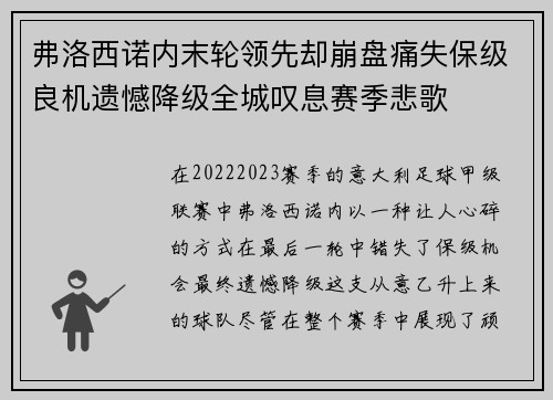 弗洛西诺内末轮领先却崩盘痛失保级良机遗憾降级全城叹息赛季悲歌